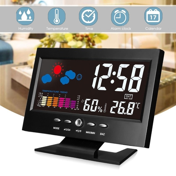 Digital Alarm Clock Snooze Thermometer Weather Hygrometer Backlight LED Display 