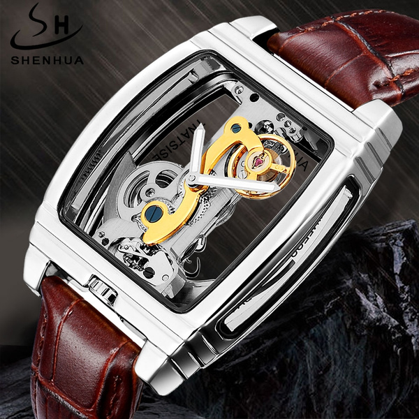 SHENHUA Mens Watches Luxury Men Genuine Leather Belt Transparent