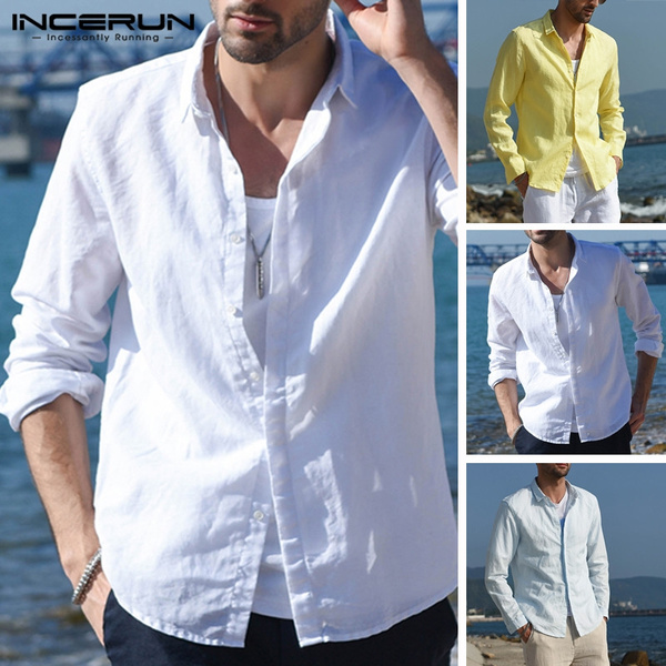 Yellow/White/Blue Long Sleeve Shirts Men Summer Autumn Beach Casual Cotton  Gentleman Loose Shirt