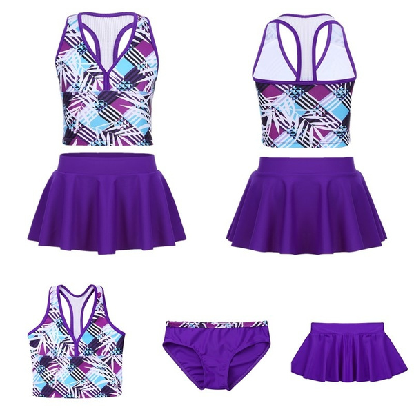 Kids Teens Purple Tankini Swimsuit Girls Swimwear Bathing Suit Plaid Crop  Top with Bottoms Skirt Children Bikini Set