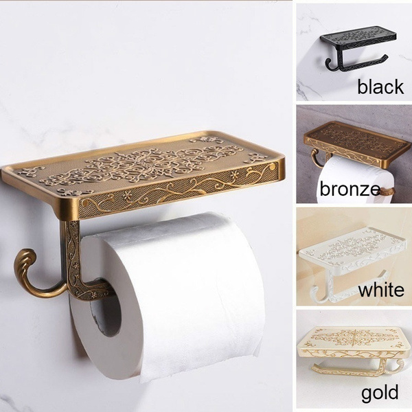 Toilet Paper Holder Stand Black With Shelf Bathroom Wall Mount