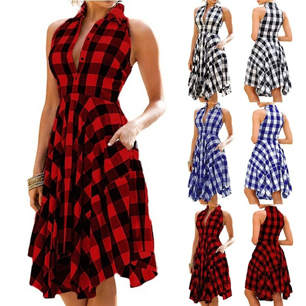 Plaid dress knee length Clearance