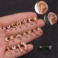 1pcs Gold And Silver Color Cz Cartilage Stud Moon Star Heart Cross Flower Crown Helix Piercing Tragus Stud Conch Earring