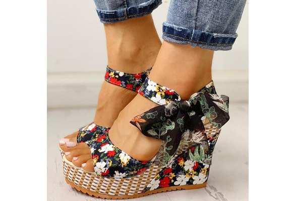Women Summer Wedge Sandals Floral Bowknot Platform High Heels Ladies Shoes  New