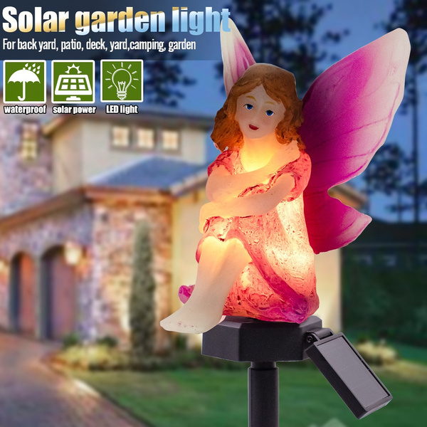 Solar Garden Lamp Pink Angel Flying, Flower Fairy Garden Statue With Solar Lantern