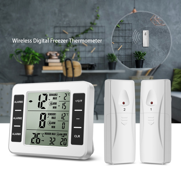 Refrigerator Thermometer, Wireless Digital Freezer Thermometer with 2  Sensors, Audible Alarm, Min and Max Record, Large LCD Display for Home