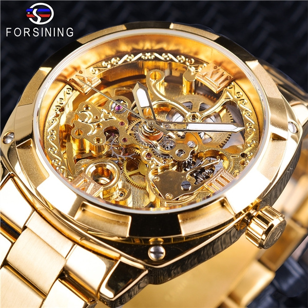 Forsining GMT1091 Men Luxury Skeleton Automatic Winding Mechanical Watches Gold Stainless Steel Waterproof Wristwatch Montre Automatique