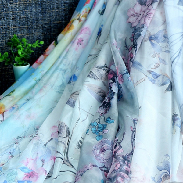 Flowers Chiffon Fabric Printed Vintage Dress Skirt Cloth Scarf Craft Background 