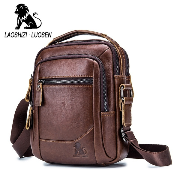 LAOSHIZI Durable Zipper Men Business Leather Handbag Crossbody