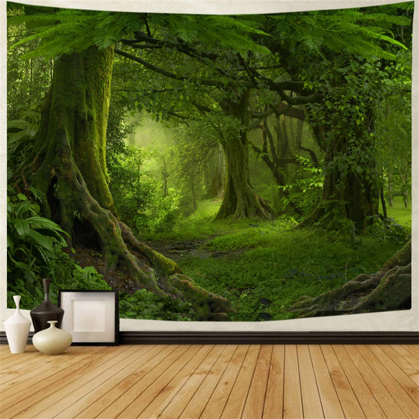 Forest Tapestry Green Tree in Misty Forest Tapestry Wall Hanging Nature ...