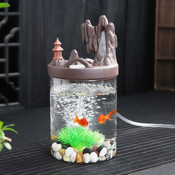 Large Ceramic Backflow Fish Tank Incense Burner Real Waterfall Aromatherapy  Incense Holder Ornament + 20 Cones