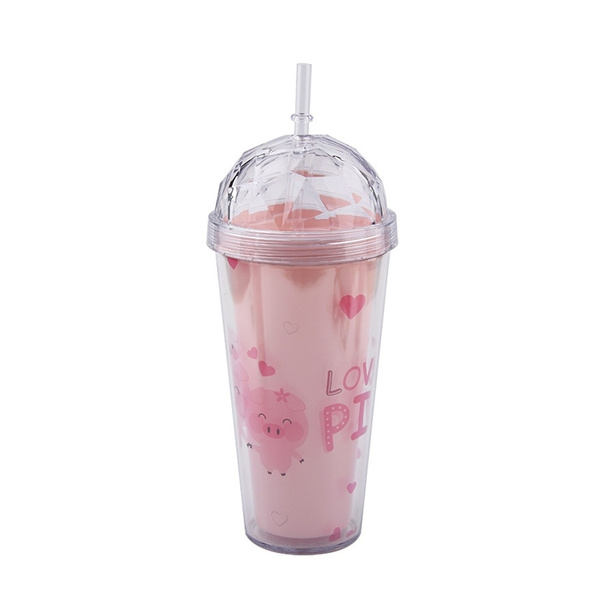 Cute Girl Water Bottle with Straw Pink Kawaii Outdoor Travel Portable  Plastic Drink Bottle 500ml