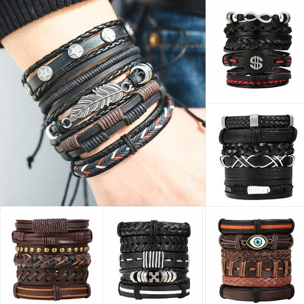 If me vintage leaf feather multilayer leather bracelet men fashion braided handmade star deals rope wrap bracelets & bangles male gift