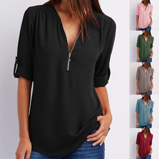 2019 Plus Size Women's Fashion Chiffon Shirt V-neck Long Sleeve Loose Tops Zipper T-Shirt( S-5XL)
