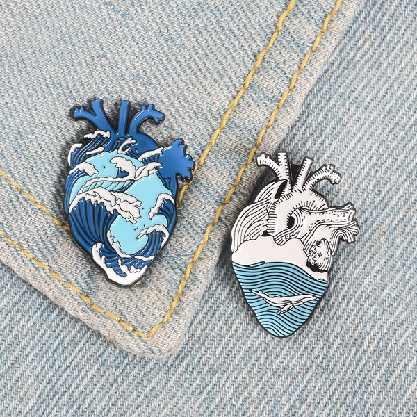 Blue Ocean Wave Organ Heart Enamel Brooches Ocean Wave Whale Pins Human