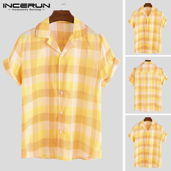 YELLOW Shirts Men's Plaid Short Sleeve Shirt Summer V-neck Casual Beach  Holiday Slim Dress Shirt