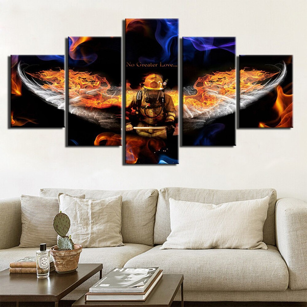 Modular Pictures 5 Panel Fireman Fire Fighting Canvas Painting Wall Art ...