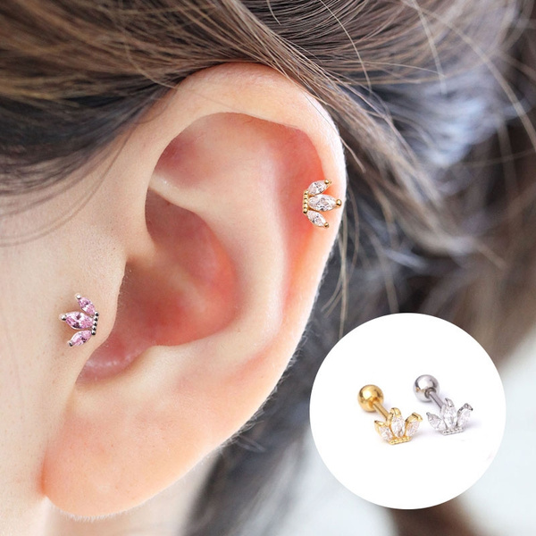 CZ Crown cartilage earring tiara tragus dainty crown conch rose gold stud silver