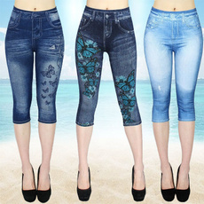 New Fashion Women's Imitation Jeans 3/4 Summer Leggings Jeggings Skinny Butterfly Printed Jegging Pants( Looks Like Jeans,as Soft As Leggings)