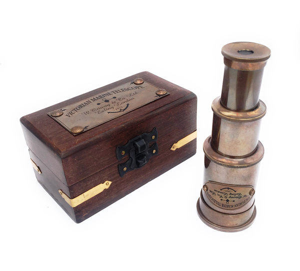 5″ Antiqued Wooden Box With Brass Telescope - Madison Bay Company
