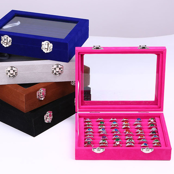 Velvet Wood Ring Display Organizer Box Tray Holder Earring Storage Case Jewelry 