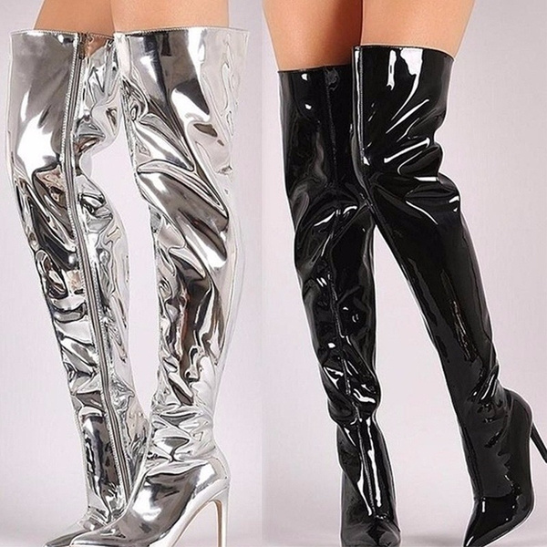 Details about   Mirror leather high heels pointed over the knee boots thigh women's Runway shoes 