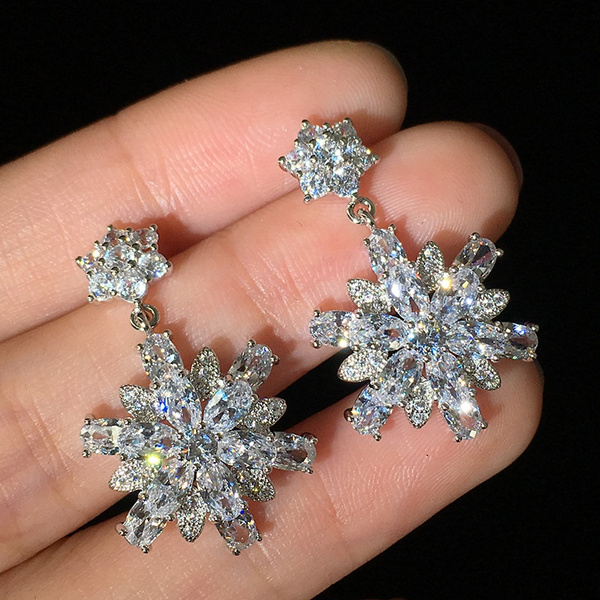 14k Gold Plated Diamond Simulated Crystal Stone Snowflake Flower Stud  Earrings | eBay