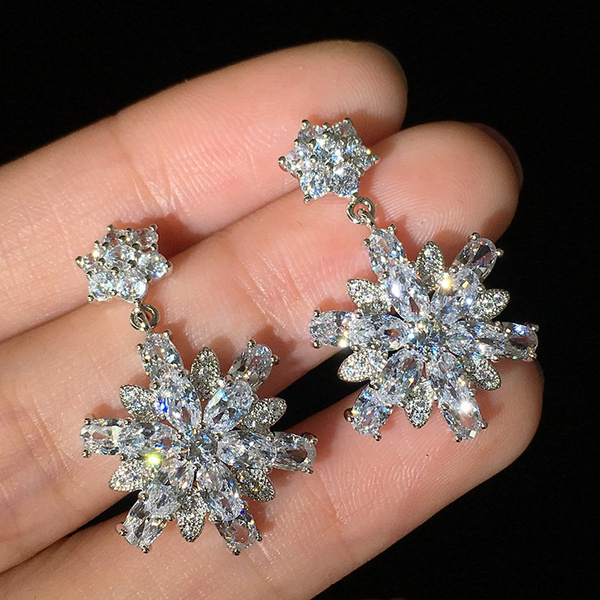 Bamos Luxury Female Crystal Full Diamond Earrings Big Snowflake Stud  Earrings Vintage Double Wedding Earrings For Women
