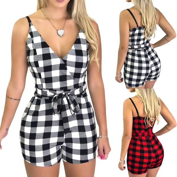 Summer Womens Fashion Bow Tie Plaid Romper Dress Jumpsuit Shorts Suspended  Checked Clothing Beach Dress