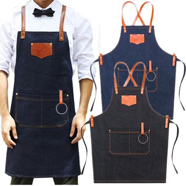 Heavy Duty Denim Bib Apron Jean Kitchen Apron Adjustable Leather Strap for Baker Bartender BBQ Chef Work Cook Uniform Blue