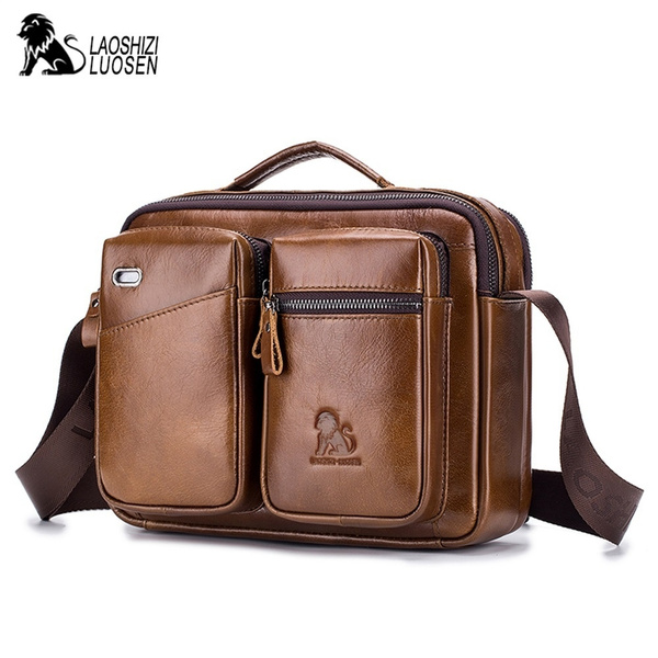 LAOSHIZI LUOSEN Vintage Genuine Leather Men's Shoulder Bag Briefcase ...