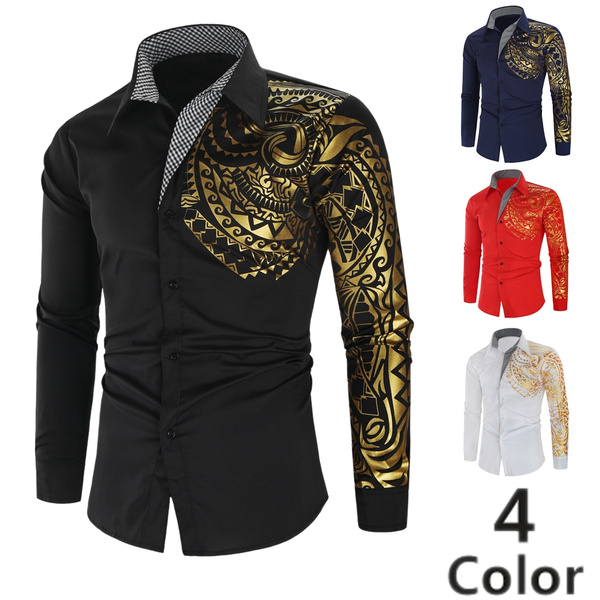 New Slim Fashion Gold Totems Print Summer Long Sleeve Shirts Men | Wish