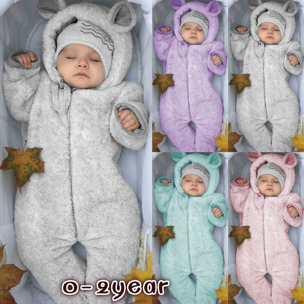 2019 Newborn Baby Winter Fashion Cute Bear Jumpsuit Pure Hooded Color Long Sleeve Coral Fleece Baby Suit Casual Warm Baby Boy Girl Outside Clothes