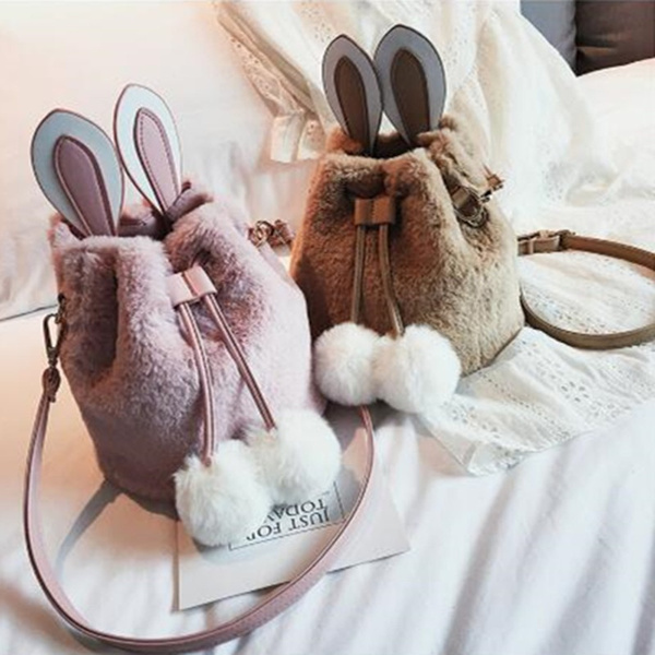 Furry Funny Rabbit Ear Fluffy Soft Fur Plush Shoulder Bags Handbags Purse  Girl Shoulder Bag Plush Bucket Bag
