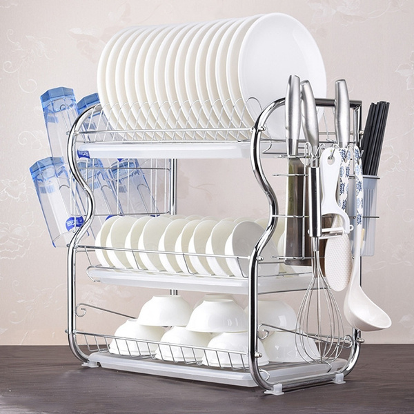 Dish Drying Rack 3 Tier Dish Drainer Rack Kitchen Storage with Drainboard and Cutlery Cup Dish Shelf Tableware Holder