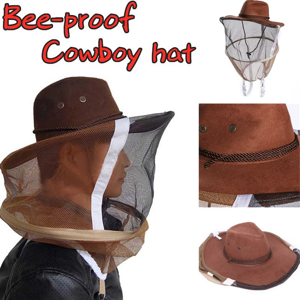 Cow Boy Beekeeping Hat Mosquito Bee Insect Net Veil Face Head Protect Brown 