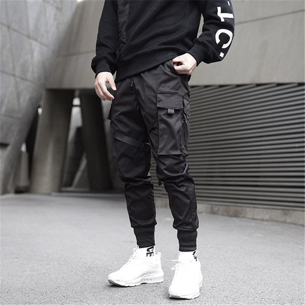 Cool Black Color Block Cargo Pants Men Harem Pants Street Fashion 