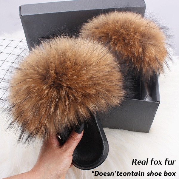Heart-to-Heart Summer Women Fox Fur Slippers Real Fox Hair Slides Female Furry Indoor Flip Flops Casual Beach Sandals 