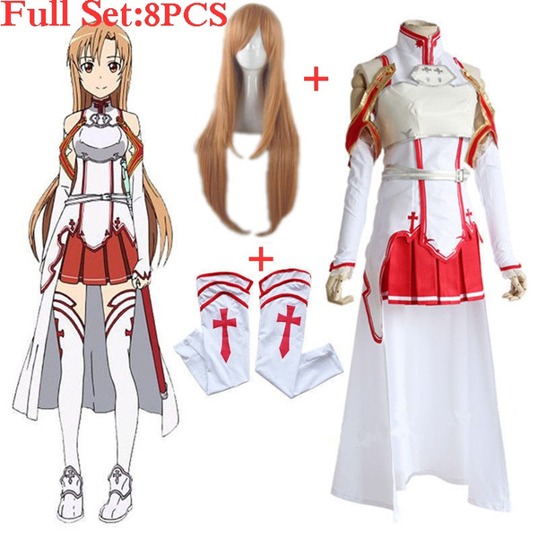 Anime Sword Art Online Asuna Yuuki Dress Cosplay Costumes Uniform for  Halloween SAO Asuna Battle Suit Outfits Full Set with Wig