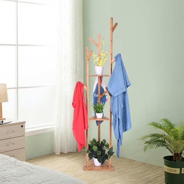 Bamboo Clothes Laundry Coat Rack Tree Stand Coat Hanger 8 Hooks 3 Layer Shelves 