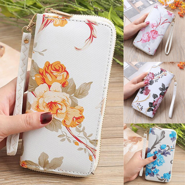 Rose Print Long Wallet With Fashionable Zipper Card Holder