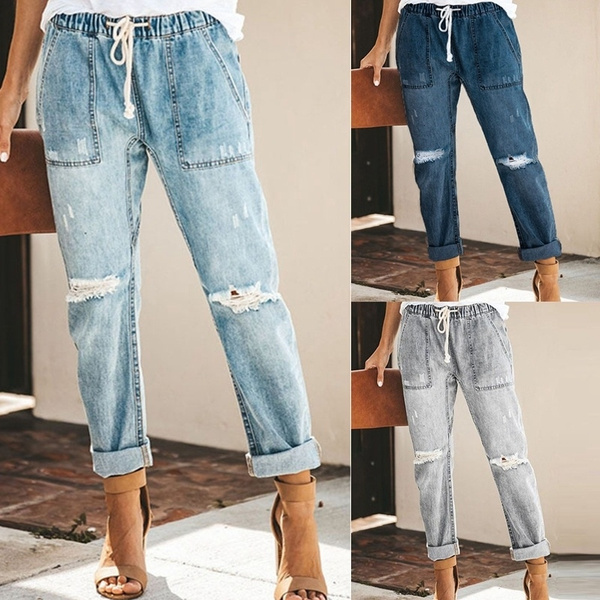 Mujer Pantalones vaqueros con agujeros rasgados Pantalones rectos sueltos  de cintura alta Tallas grandes | Wish