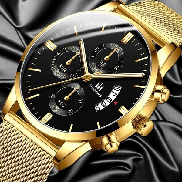 2019 Men Watch Fashion Faux Chronograph Military Sport Mens Watches Top Brand Luxury Casual Full Steel Quartz Gold Watch Male Clock Gifts