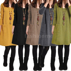 Autumn Winter Women Dress Plus Size Long Sleeves Pockets Solid V Neck Loose Dress