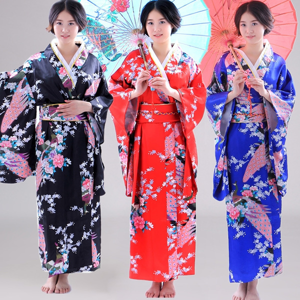 Día del Niño Químico Estación de ferrocarril Women Japanese kimono v neck garment faux silk gown satin elegant plus size  red blue black floral Japanese style loose fit long dress costume | Wish