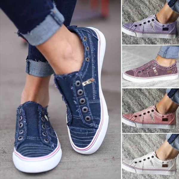 Womens Canvas Shoes Slip On Casual Sneakers Kicks Ballerina Tennis Flats Colors
