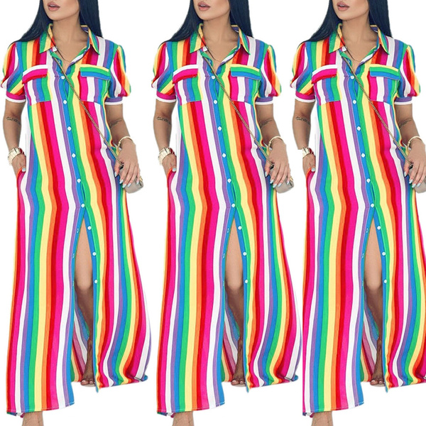 Plus size Women turn down collar colorful stripes casual long dress with belt