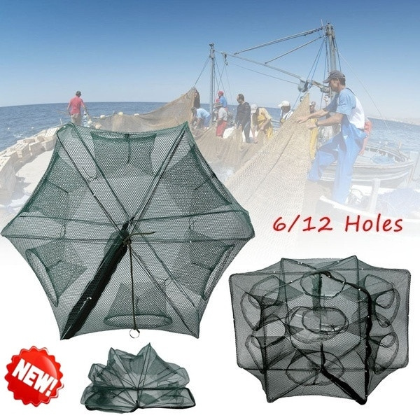 6-Hole Foldable Fishing Net Trap – Portable Nylon Cast Cage For Shrimp, Crayfish, Prawn & Crab (Green)-958345