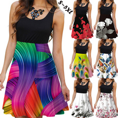 NEW Summer Women Round Neck Dress Casual Sleeveless Dress Floral Printed Dress Slim Flower Dress Plus Size
