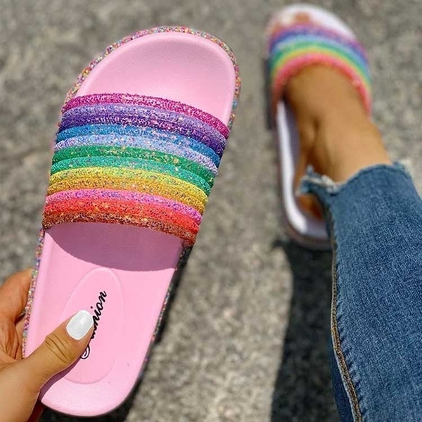 Rainbow Stripped Sparkly Slides Women Fashion Summer Slippers Sandals ...